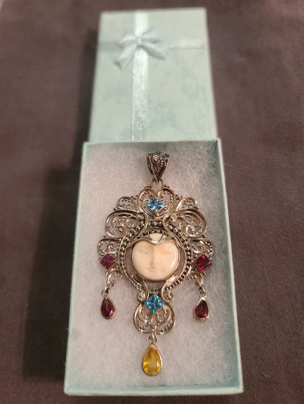 Beautiful Ornate Indonesian Carved Moon Face Multi Gem Pendant 925 Stamped Siver - Picture 14 of 14